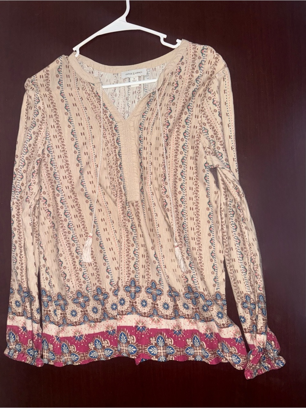 Vintage America Beige Peasant Tunic with Pink Border and Blue Accents